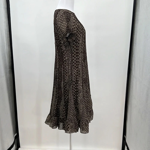 Sandra Darren Dress Womens 6P Brown Cream Batik Ruffled Hem Mini Short Sleeve - Picture 4 of 9